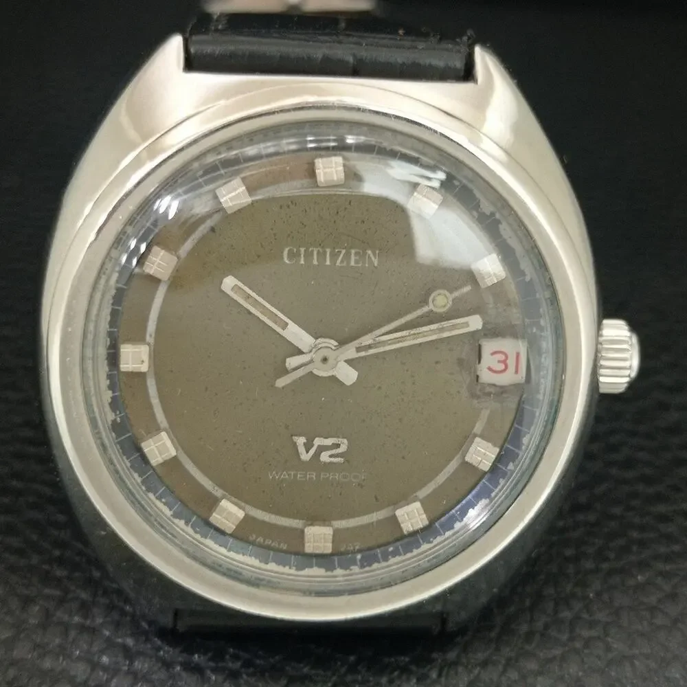 Vintage 1971 Citizen Manual Wound Mens Silver Watch W/Date & Green accents